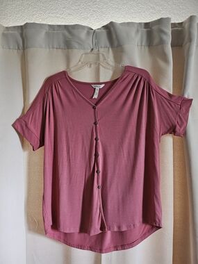 Matilada Jane Rose/Coral Color Button-Front Short Sleeve Top